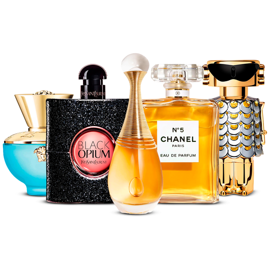 5er Parfüm-Set  – Versace Dylan Turquoise, Black Opium, J'adore, Chanel Nº5 und Fame  [je 100 ml]