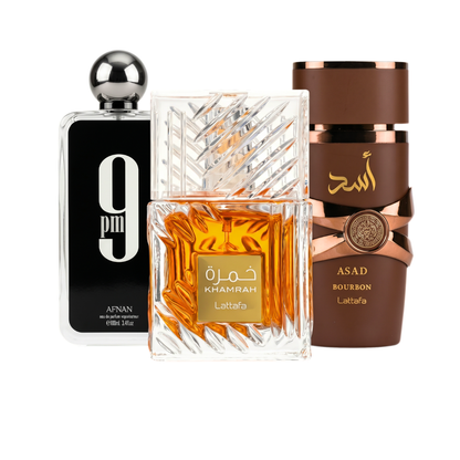 3er Parfüm-Set | Afnan 9PM + Khamrah + Asad Bourbon 100 ml