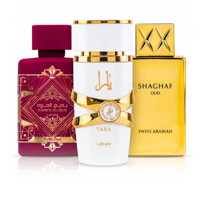 3er Parfüm-Set | Bade'e Al Oud Sublime + Swiss Arabian Shaghaf Oud + Yara Moi 100 ml