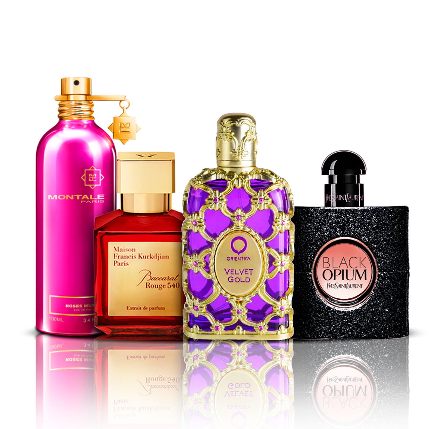 4er Parfüm-Set | Orientica Velvet Gold + Baccarat Rouge + Black Opium + Montale Roses Musk 100 ml