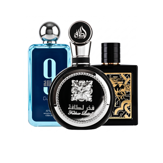 3er Parfüm-Set | Fakhar Black + 9AM Dive + Qaed Al Fursan 100 ml