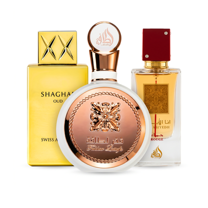 3er Parfüm-Set | Fakhar Rose + Ana Abiyedh Rouge + Swiss Arabian Shaghaf Oud 100 ml