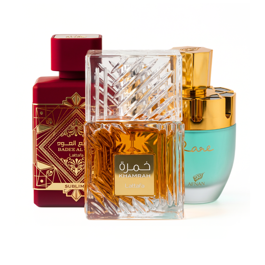 3er Parfüm-Set | Khamrah + Bade'e Al Oud Sublime + Afnan Rare Tiffany 100 ml