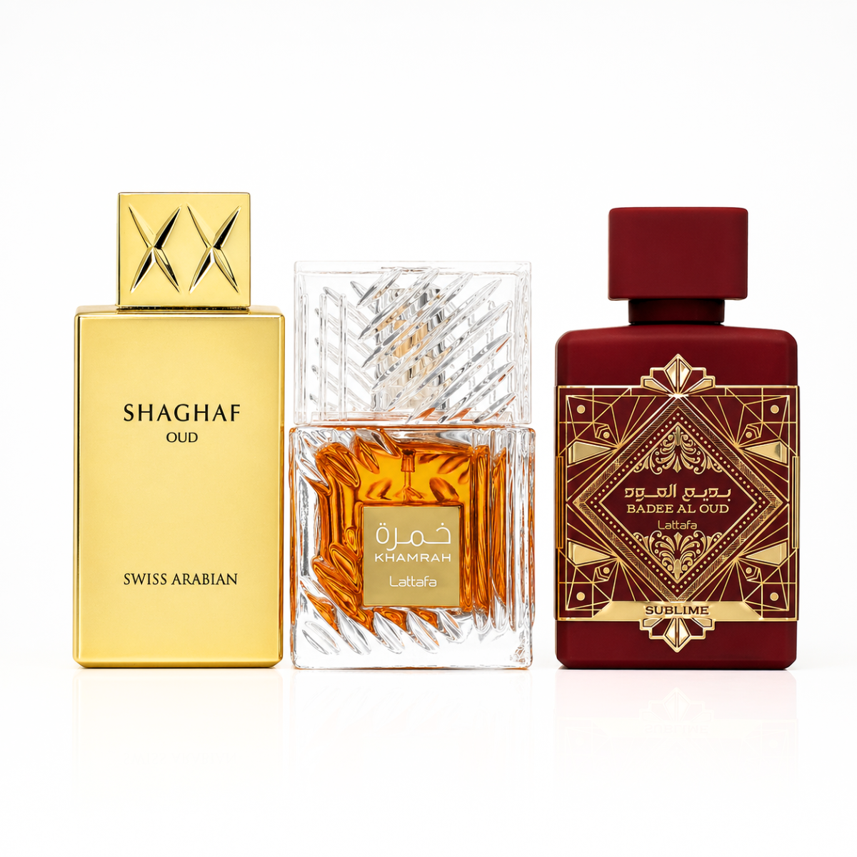 3er Parfüm-Set | Khamrah + Bade'e Al Oud Sublime + Swiss Arabian Shaghaf Oud 100 ml