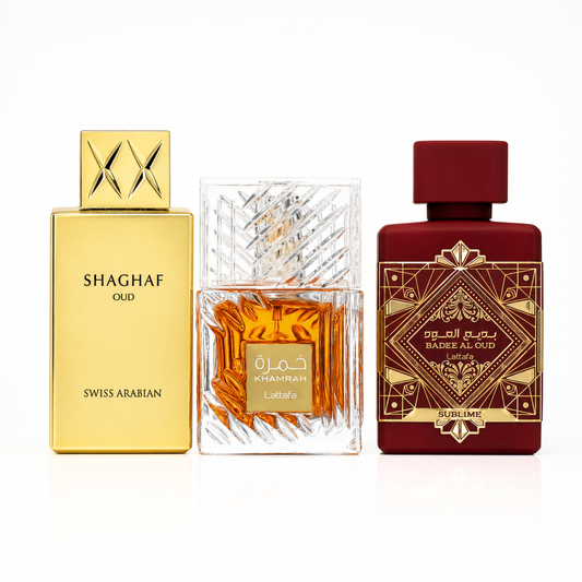 3er Parfüm-Set | Khamrah + Bade'e Al Oud Sublime + Swiss Arabian Shaghaf Oud 100 ml