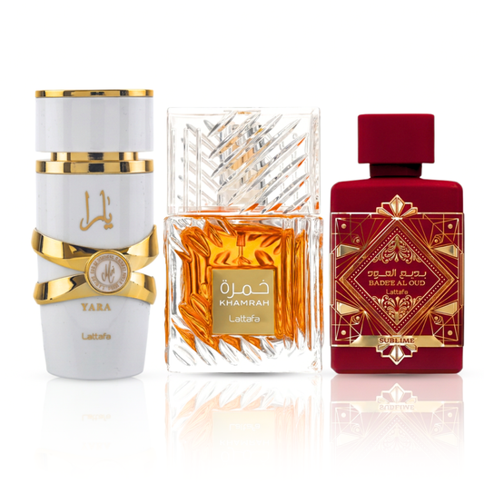 3er Parfüm-Set | Khamrah + Bade'e Al Oud Sublime + Yara Moi 100 ml